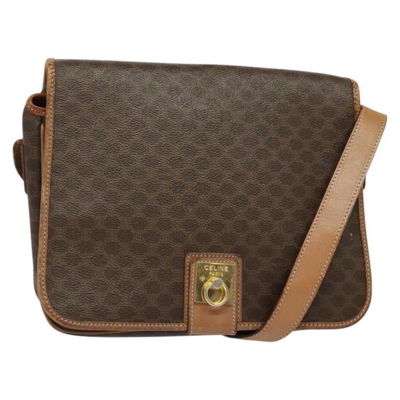 CELINE Macadam Canvas Shoulder Bag PVC Leather Brown Gold Auth 136153 - Picture 1 of 16